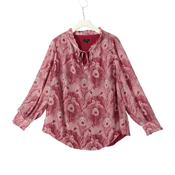 Talbots Metallic Peacock Bird Ruffle Trim Long Sleeve Top Pink Womens 1X Weathly - Picture 1 of 7